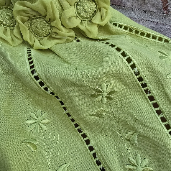 JSong Collection Linen Citron Womens Shirt Embroidered Floral Cold Shoulder S 12 - Picture 10 of 13